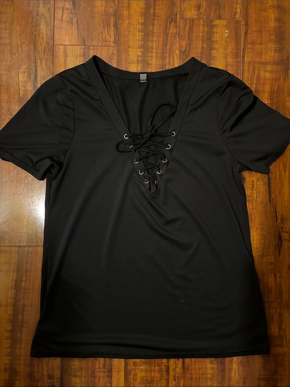 Lace-Up V-Neck Short Sleeve Tee - Black